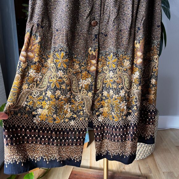 Vintage Carole Little skirt Elastic waist button down black brown midi size 8 - Picture 3 of 6